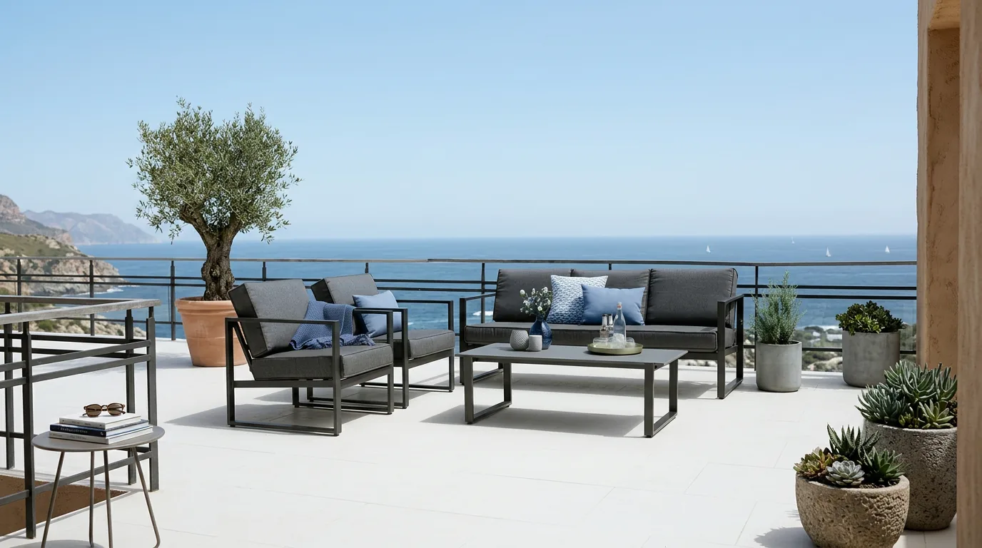 Conjunto de sofás externos em terraço com vista panorâmica
