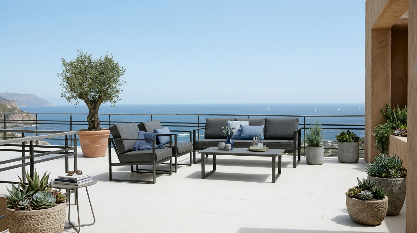 Conjunto de sofás contemporâneos em terraço à beira-mar