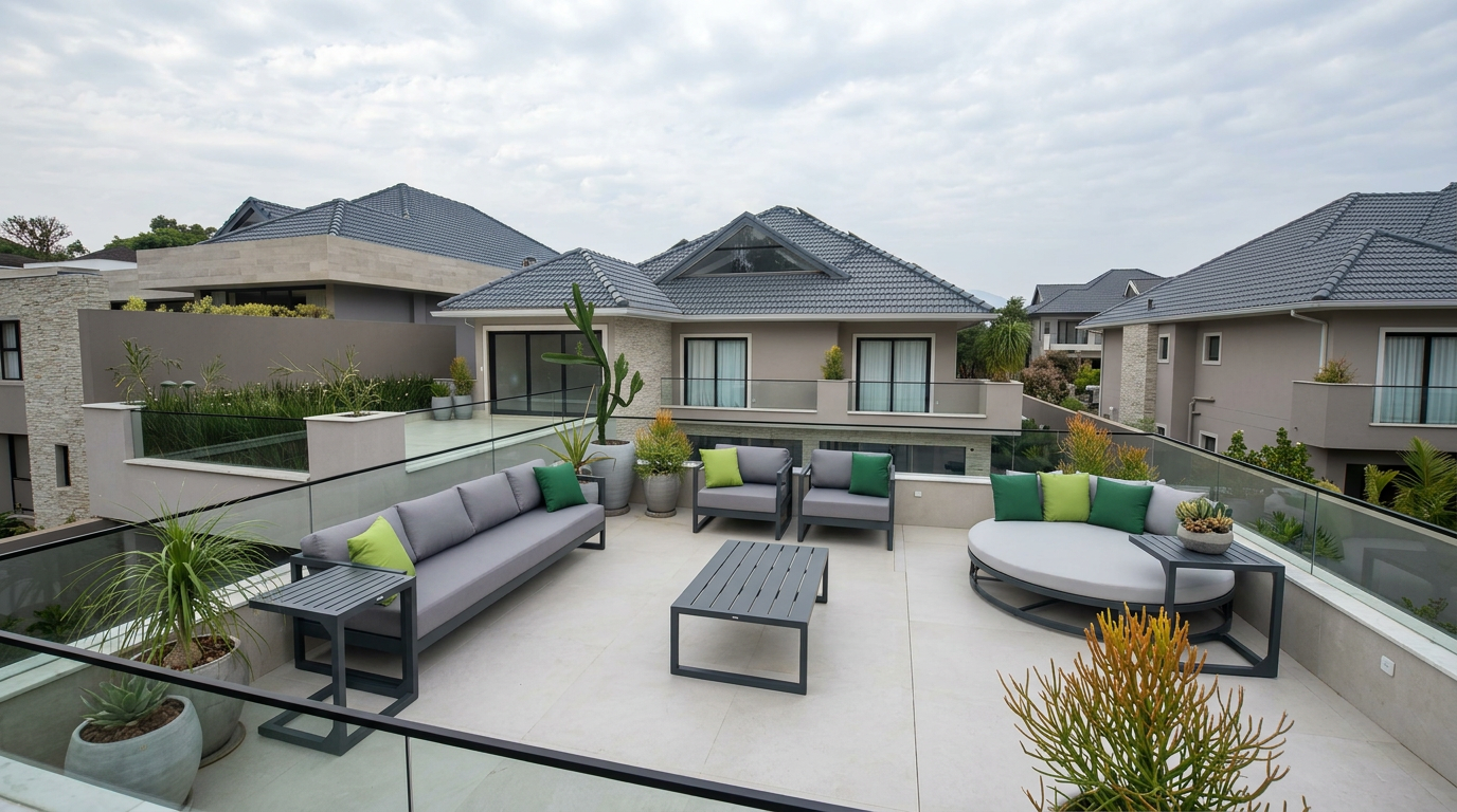Sofá modular sob medida em varanda com vista para o mar